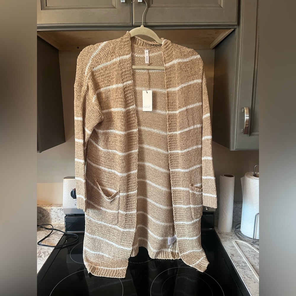 Long tan and white cardigan
